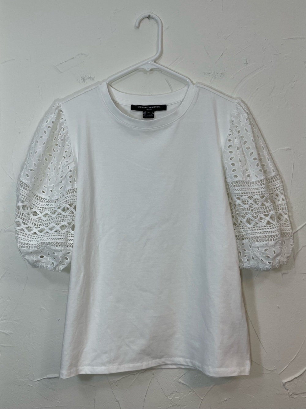 French Connection White Eyelet Lace Puff Sleeve Tee | Cottagecore Prairie Boho